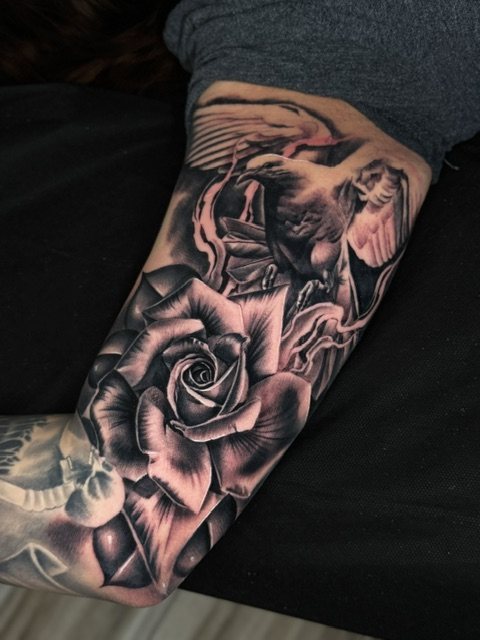 Dove & rose tattoo, sleeve · fresh