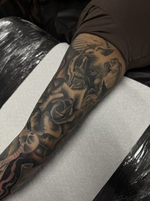 Dove & rose tattoo, sleeve · healed