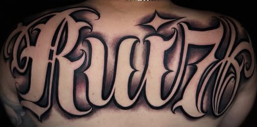 Custom script tattoo, upper back