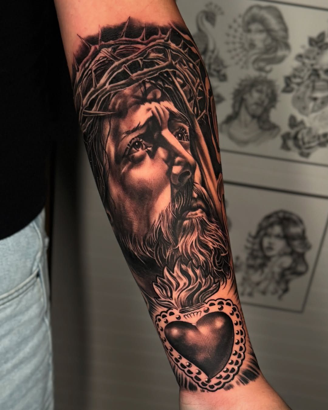 Sacred heart Christ tattoo, forearm